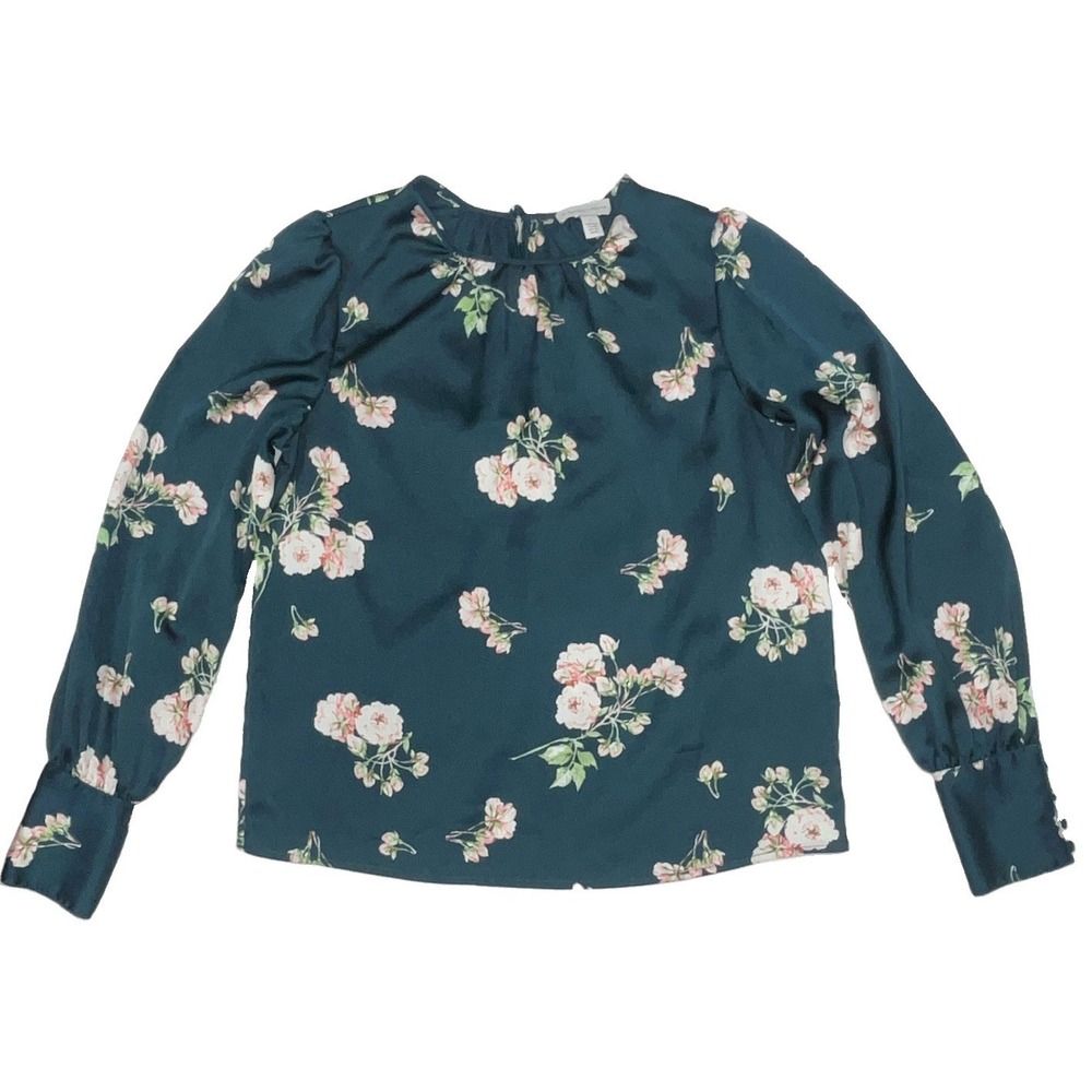 ML Monique Lhuillier Teal Floral Satin Puff Sleeve Blouse Small 445675